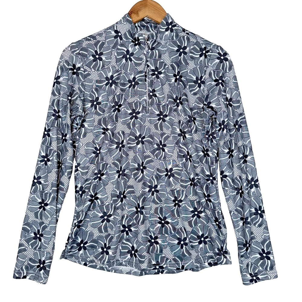San Soleil Top Small Black White Golf  Tennis Pickleball‎ Floral Quarter Zip